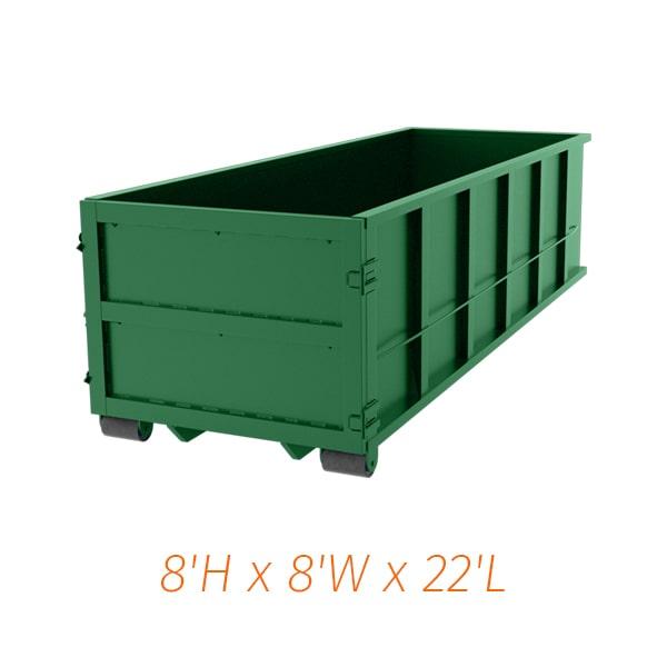 40-yard dumpsters typically have a length of 22 feet, a width of 8 feet, and a height of 7 feet